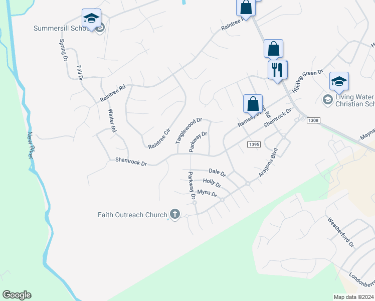map of restaurants, bars, coffee shops, grocery stores, and more near 500 Shamrock Drive in Jacksonville