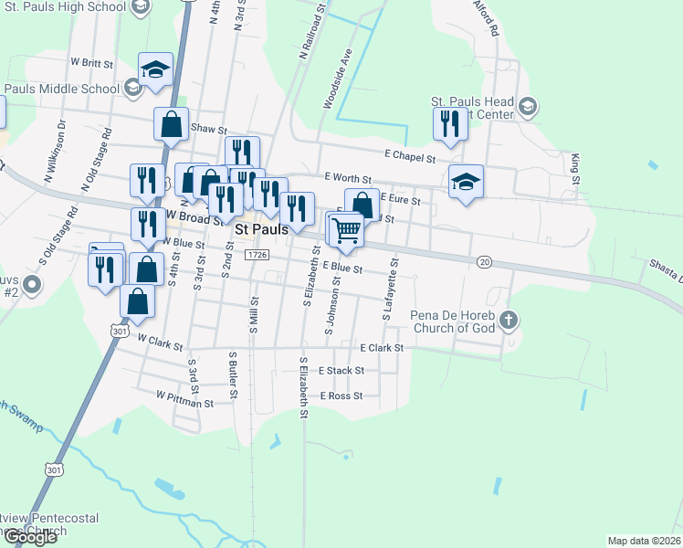 map of restaurants, bars, coffee shops, grocery stores, and more near 205 South Johnson Street in Saint Pauls