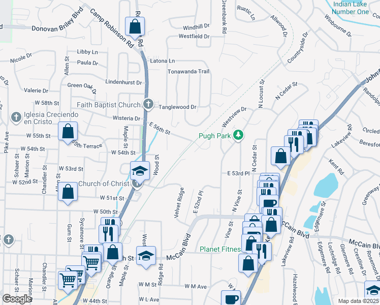 map of restaurants, bars, coffee shops, grocery stores, and more near 5509 Kari Hill Place in North Little Rock