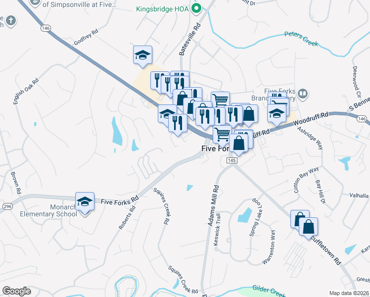 map of restaurants, bars, coffee shops, grocery stores, and more near 345 Five Forks Road in Simpsonville