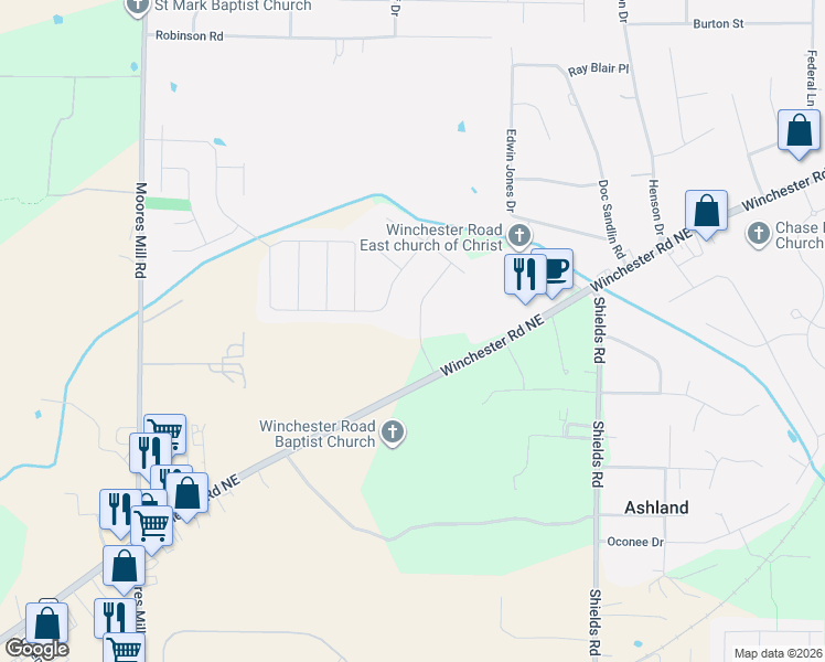 map of restaurants, bars, coffee shops, grocery stores, and more near 1260 Winchester Road Northeast in Huntsville