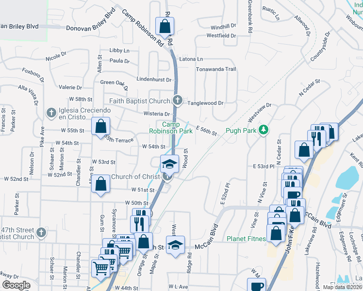 map of restaurants, bars, coffee shops, grocery stores, and more near 5315 Wood Street in North Little Rock
