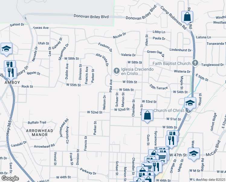 map of restaurants, bars, coffee shops, grocery stores, and more near 5307 Schaer Street in North Little Rock