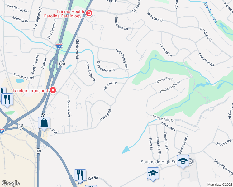 map of restaurants, bars, coffee shops, grocery stores, and more near 42 Miracle Drive in Greenville
