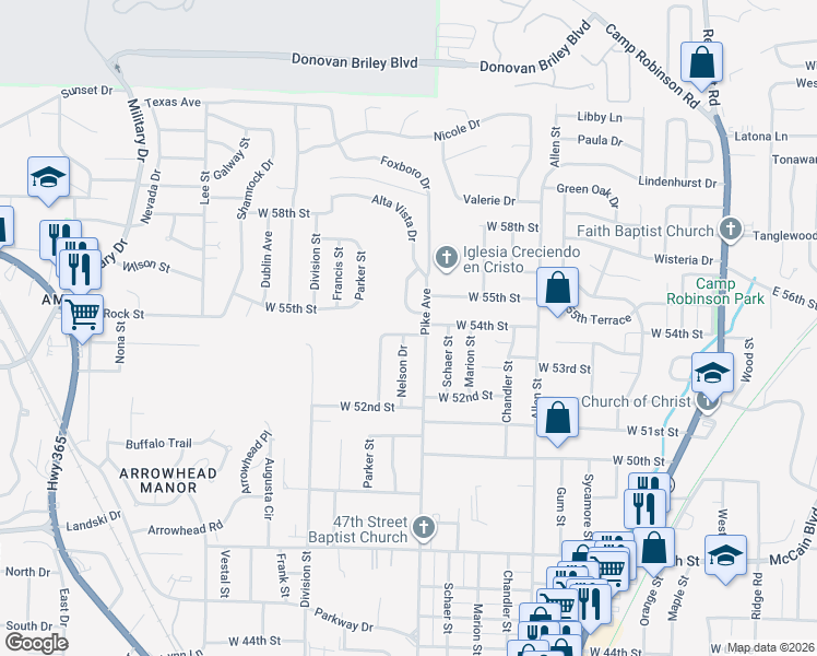 map of restaurants, bars, coffee shops, grocery stores, and more near 1104 Nelbrook Drive in North Little Rock