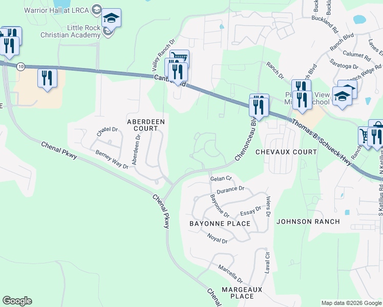 map of restaurants, bars, coffee shops, grocery stores, and more near 5400 Chenonceau Boulevard in Little Rock