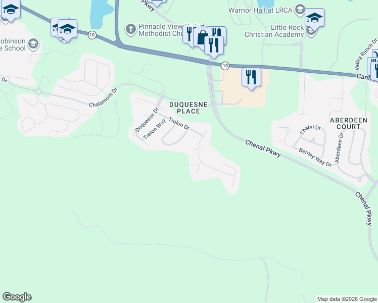 map of restaurants, bars, coffee shops, grocery stores, and more near 49 Bouresse Place in Little Rock