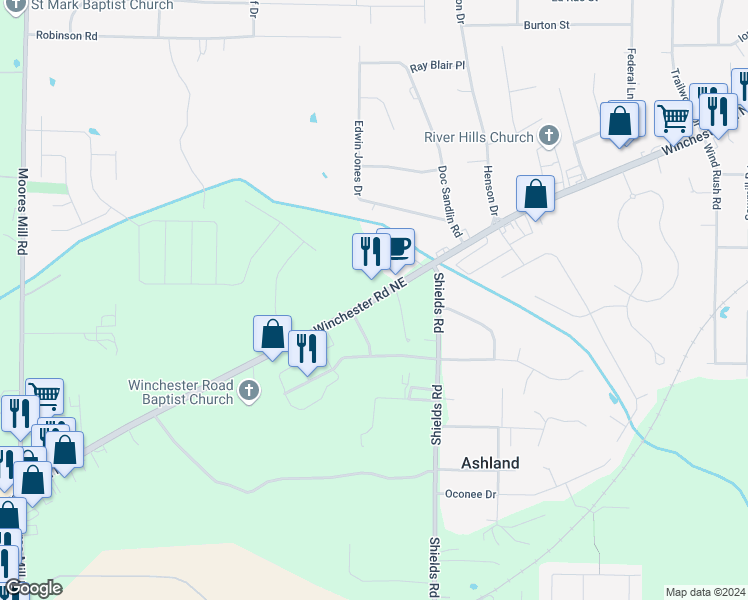 map of restaurants, bars, coffee shops, grocery stores, and more near 1327 Winchester Road Northeast in Huntsville