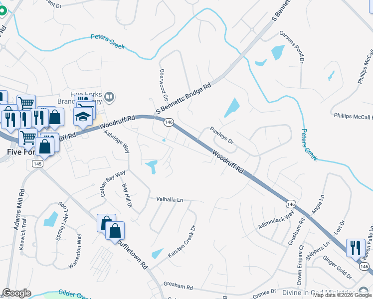 map of restaurants, bars, coffee shops, grocery stores, and more near 3120 Woodruff Road in Simpsonville