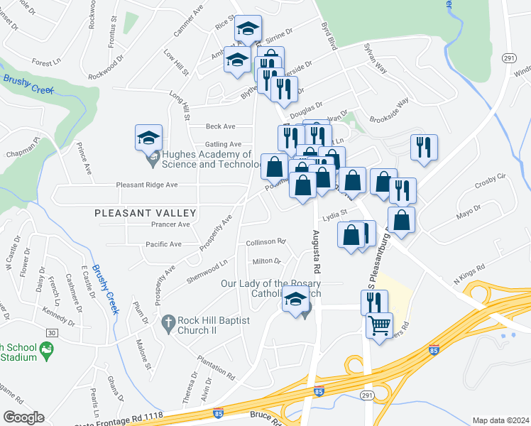 map of restaurants, bars, coffee shops, grocery stores, and more near 16 Monteith Circle in Greenville
