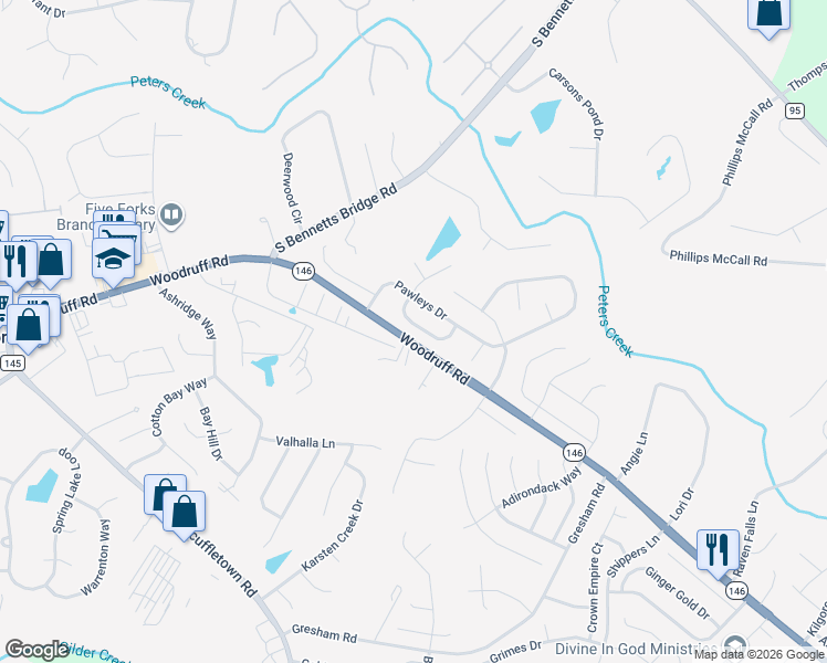 map of restaurants, bars, coffee shops, grocery stores, and more near 3138 Woodruff Road in Simpsonville