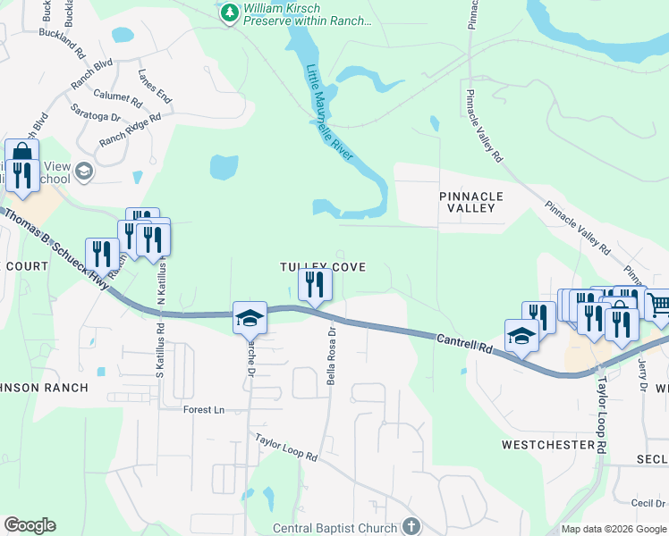 map of restaurants, bars, coffee shops, grocery stores, and more near 5500 Tulley Cove in Little Rock