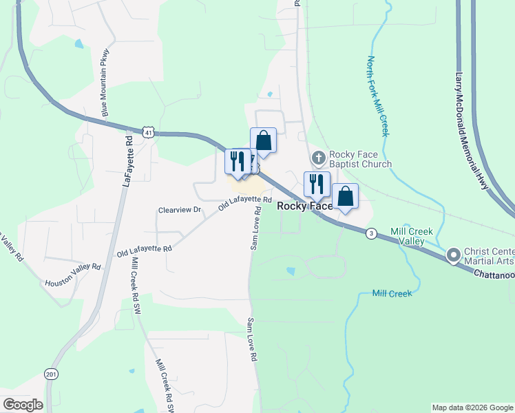 map of restaurants, bars, coffee shops, grocery stores, and more near 400 Sam Love Road in Rocky Face
