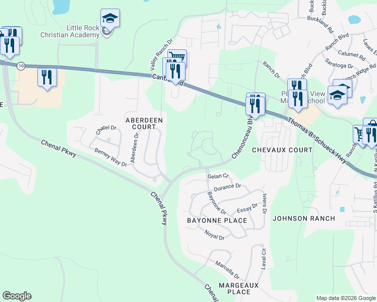map of restaurants, bars, coffee shops, grocery stores, and more near 5400 Chenonceau Boulevard in Little Rock
