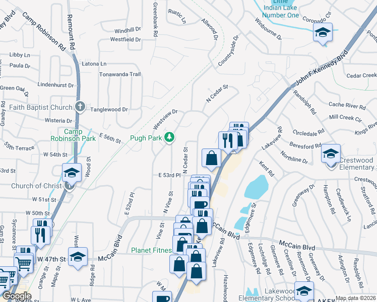 map of restaurants, bars, coffee shops, grocery stores, and more near 5408 North Cedar Street in North Little Rock