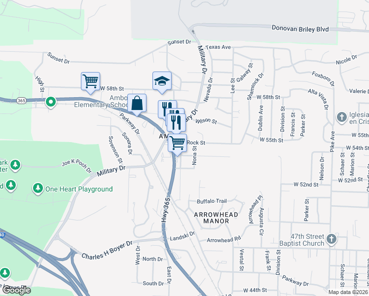 map of restaurants, bars, coffee shops, grocery stores, and more near 100 Louise Street in North Little Rock