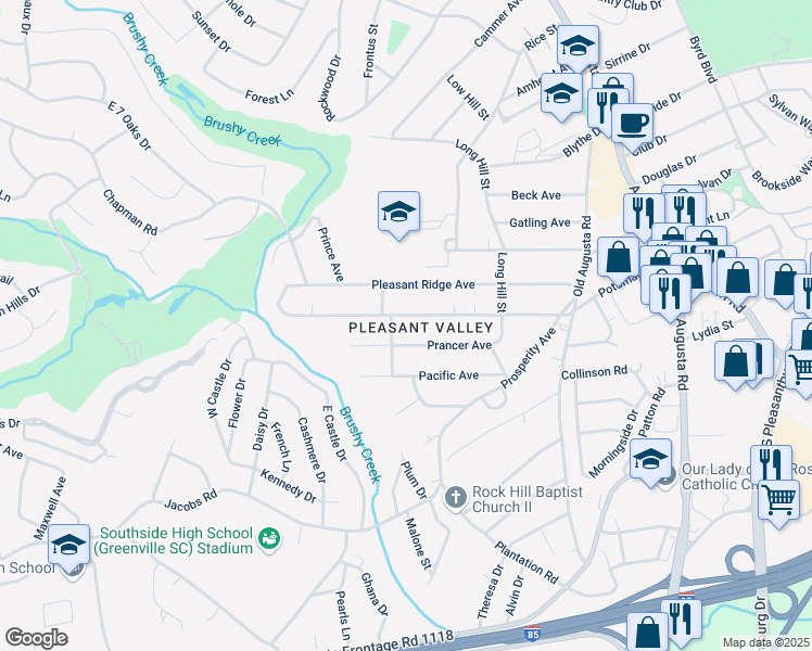map of restaurants, bars, coffee shops, grocery stores, and more near 36 Prancer Avenue in Greenville