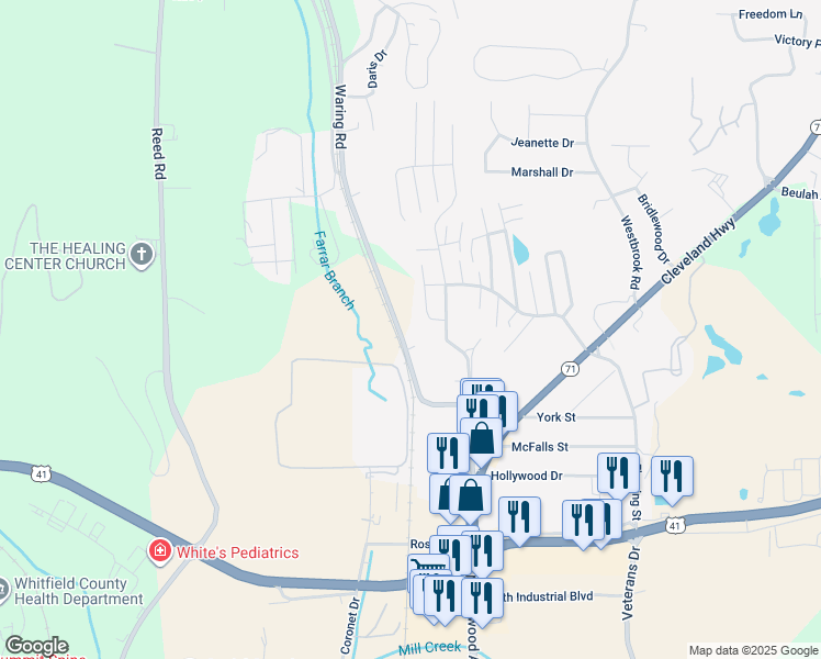 map of restaurants, bars, coffee shops, grocery stores, and more near 1608 Waring Road Northwest in Dalton
