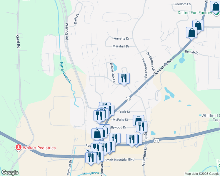 map of restaurants, bars, coffee shops, grocery stores, and more near 1696 Burnt Oak Drive in Dalton