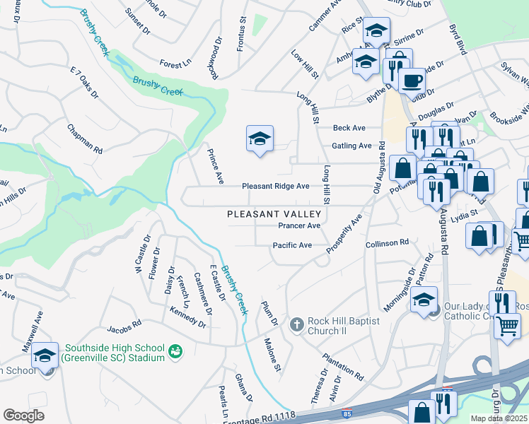 map of restaurants, bars, coffee shops, grocery stores, and more near 36 Prancer Avenue in Greenville