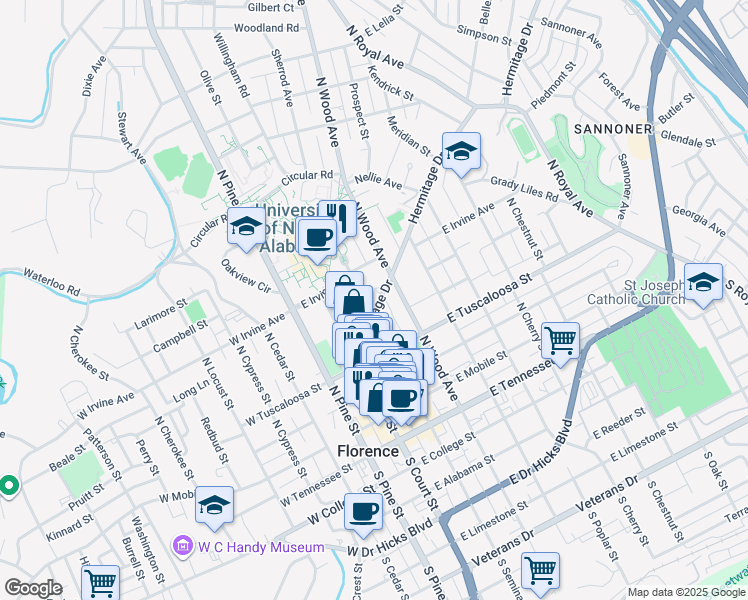 map of restaurants, bars, coffee shops, grocery stores, and more near 219 Hermitage Drive in Florence