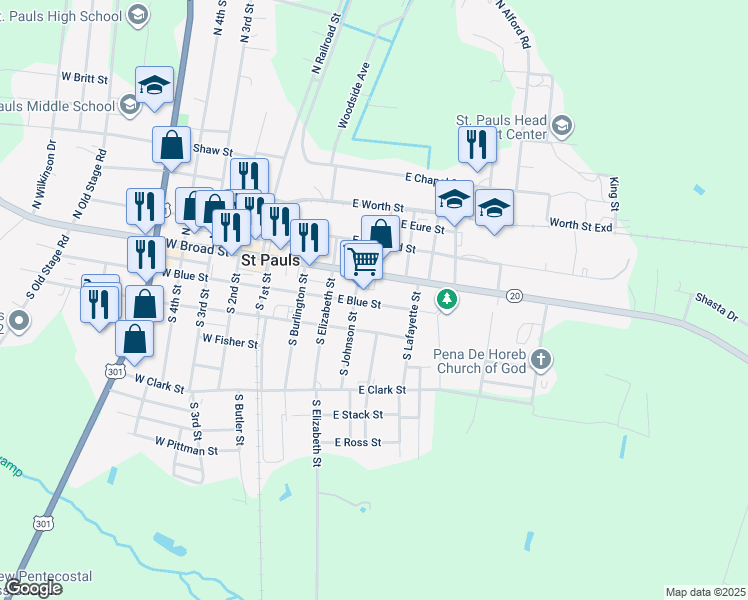 map of restaurants, bars, coffee shops, grocery stores, and more near 419 East Blue Street in Saint Pauls