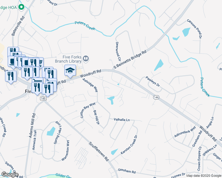 map of restaurants, bars, coffee shops, grocery stores, and more near 122 Dusty Lane in Simpsonville