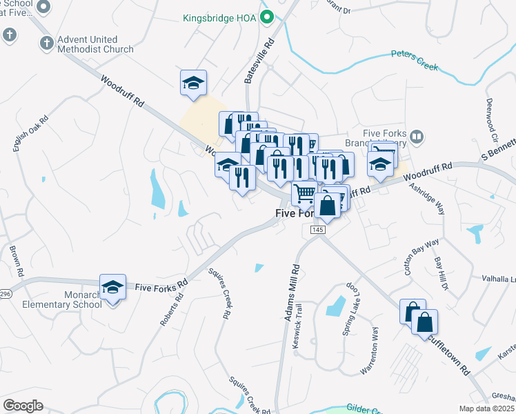map of restaurants, bars, coffee shops, grocery stores, and more near 345 Five Forks Road in Simpsonville