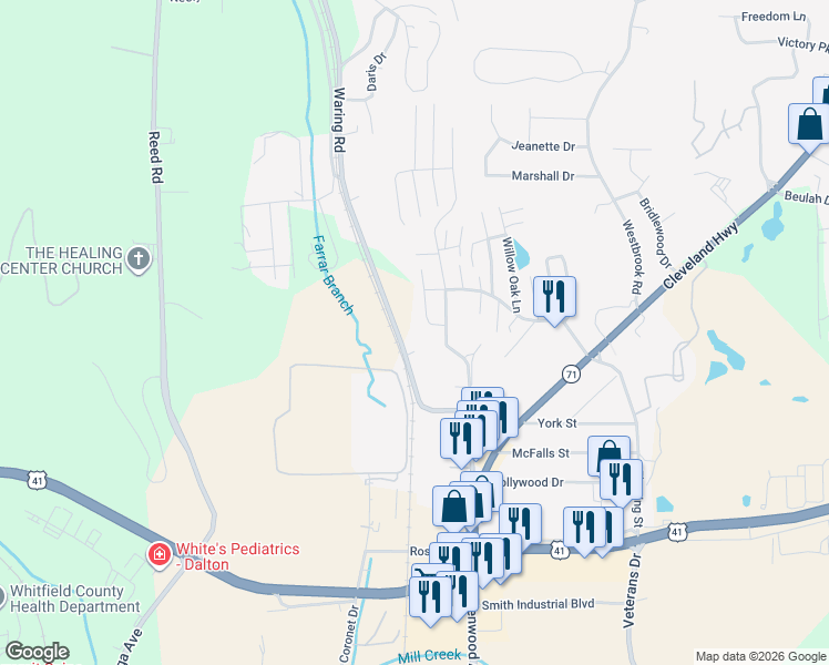 map of restaurants, bars, coffee shops, grocery stores, and more near 1608 Waring Road Northwest in Dalton