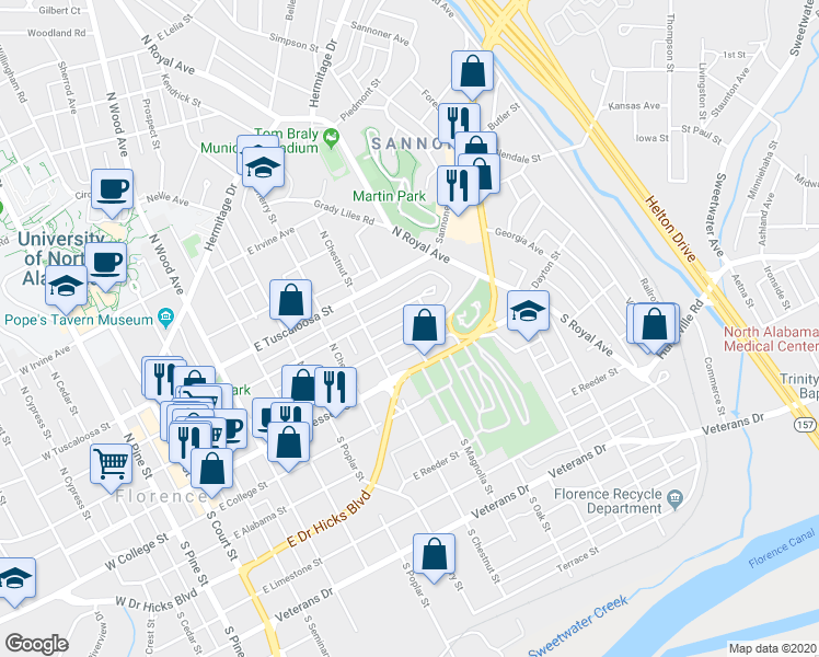 map of restaurants, bars, coffee shops, grocery stores, and more near 728 East Mobile Street in Florence
