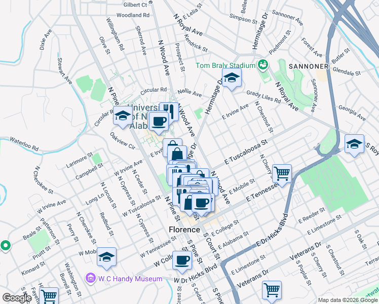map of restaurants, bars, coffee shops, grocery stores, and more near 438 North Seminary Street in Florence