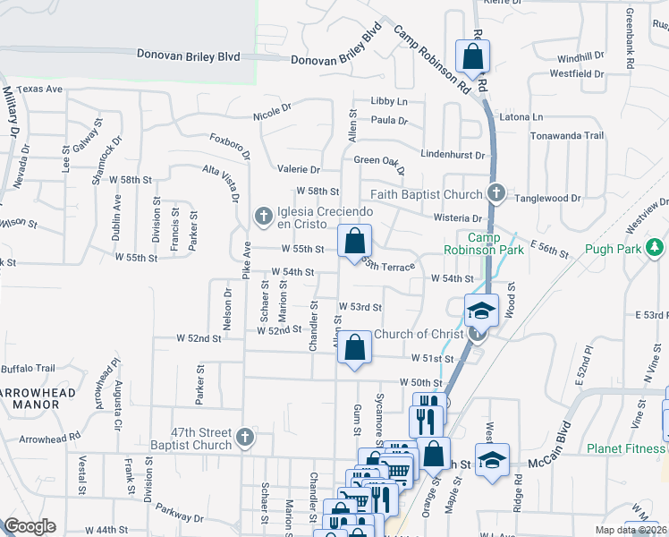 map of restaurants, bars, coffee shops, grocery stores, and more near 5312 Chandler Street in North Little Rock