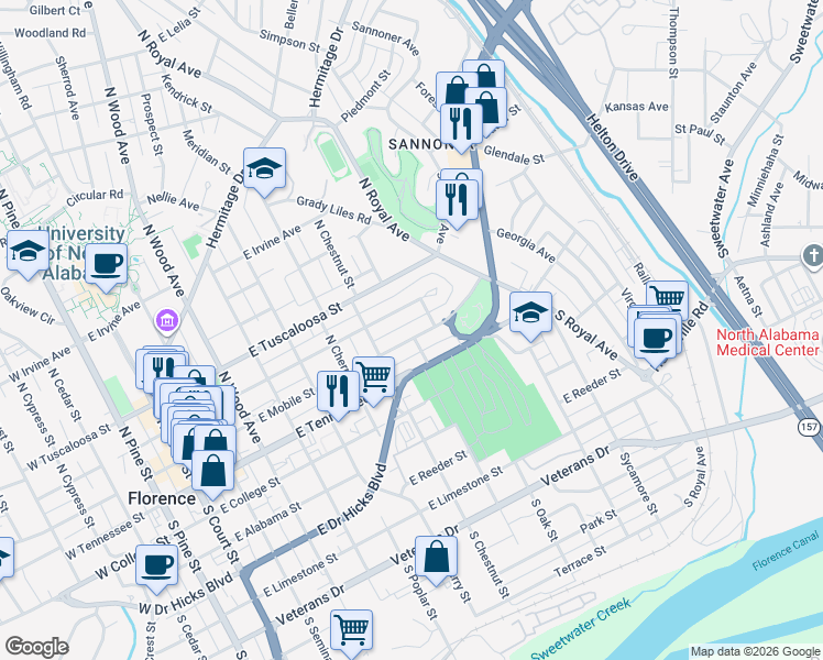 map of restaurants, bars, coffee shops, grocery stores, and more near 728 East Mobile Street in Florence