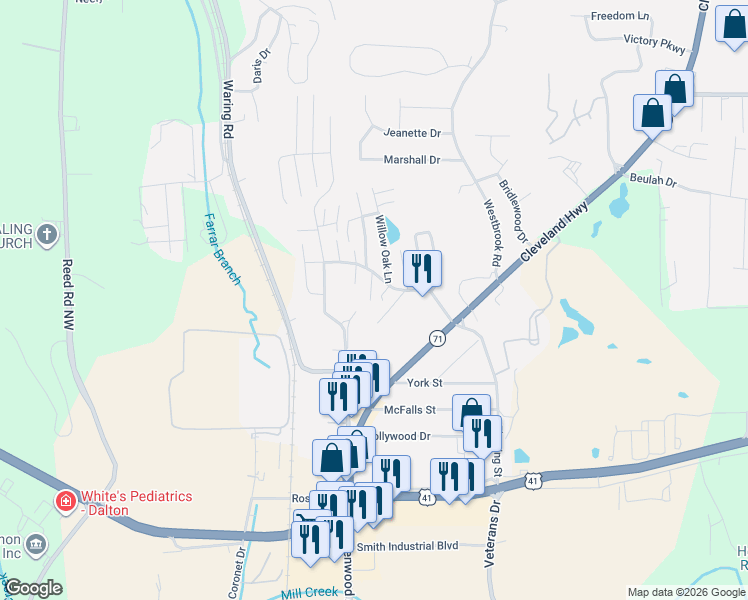 map of restaurants, bars, coffee shops, grocery stores, and more near 1695 Red Oak Drive in Dalton