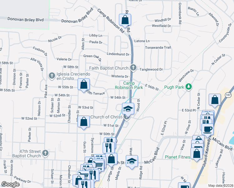 map of restaurants, bars, coffee shops, grocery stores, and more near 208 West 54th Street in North Little Rock