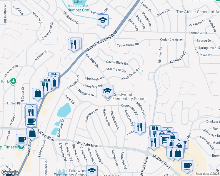 map of restaurants, bars, coffee shops, grocery stores, and more near 5413 Randolph Road in North Little Rock