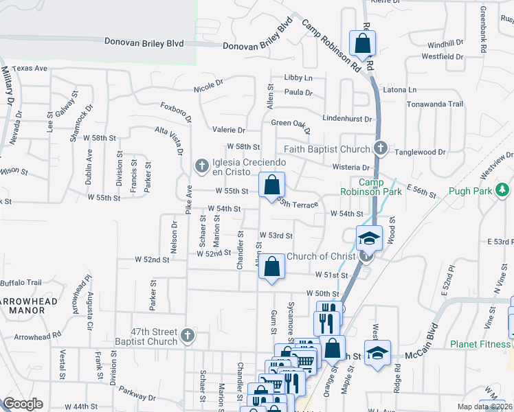 map of restaurants, bars, coffee shops, grocery stores, and more near 5312 Chandler Street in North Little Rock