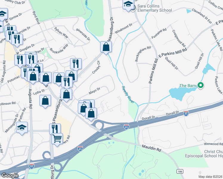 map of restaurants, bars, coffee shops, grocery stores, and more near 403 Crosby Circle in Greenville