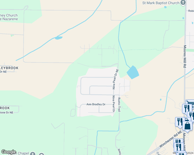 map of restaurants, bars, coffee shops, grocery stores, and more near Frances Amelia Drive Northeast in Huntsville
