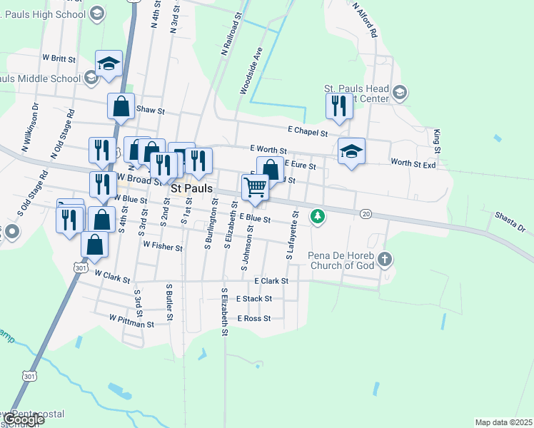 map of restaurants, bars, coffee shops, grocery stores, and more near 419 East Blue Street in Saint Pauls