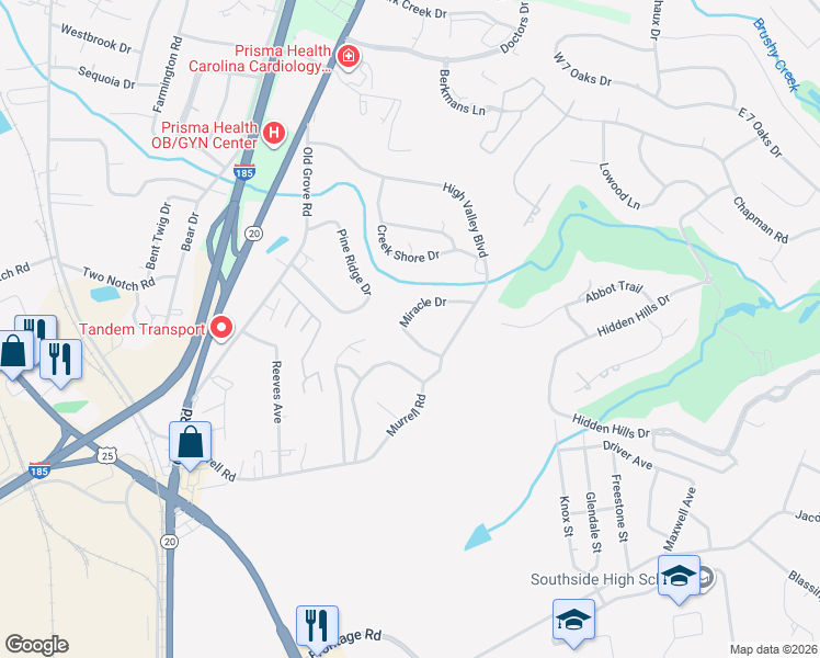map of restaurants, bars, coffee shops, grocery stores, and more near 17 Miracle Drive in Greenville