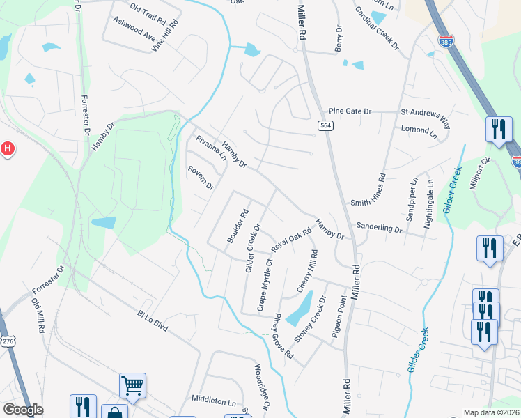 map of restaurants, bars, coffee shops, grocery stores, and more near 102 Pheasant Trail in Greenville