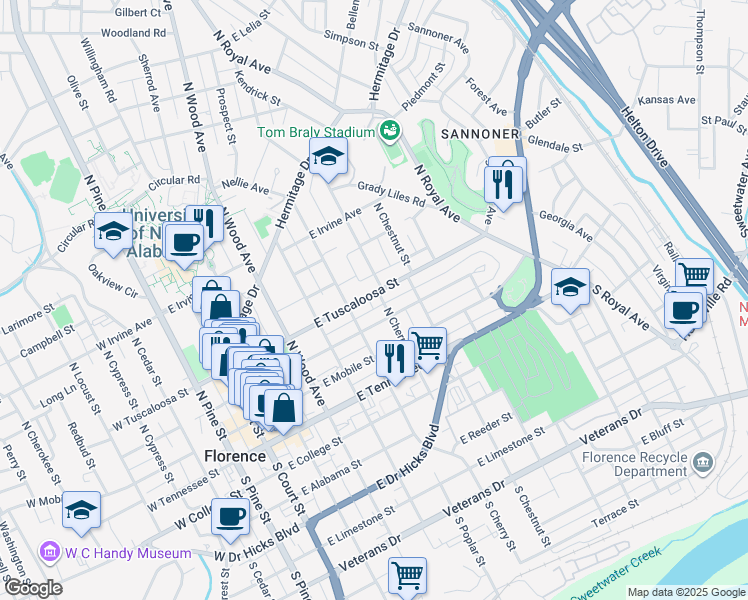 map of restaurants, bars, coffee shops, grocery stores, and more near 418 North Poplar Street in Florence