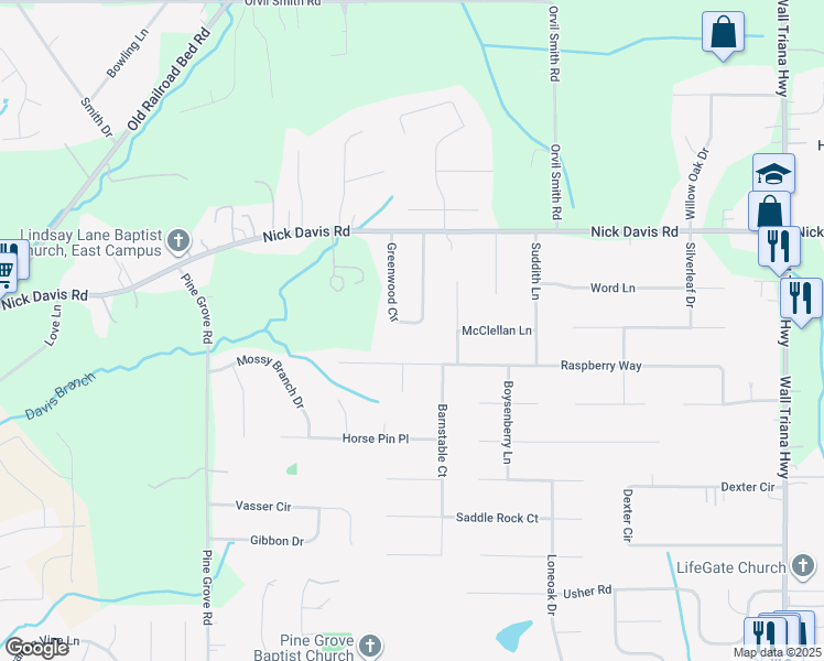 map of restaurants, bars, coffee shops, grocery stores, and more near 121 Greenwood Circle in Harvest