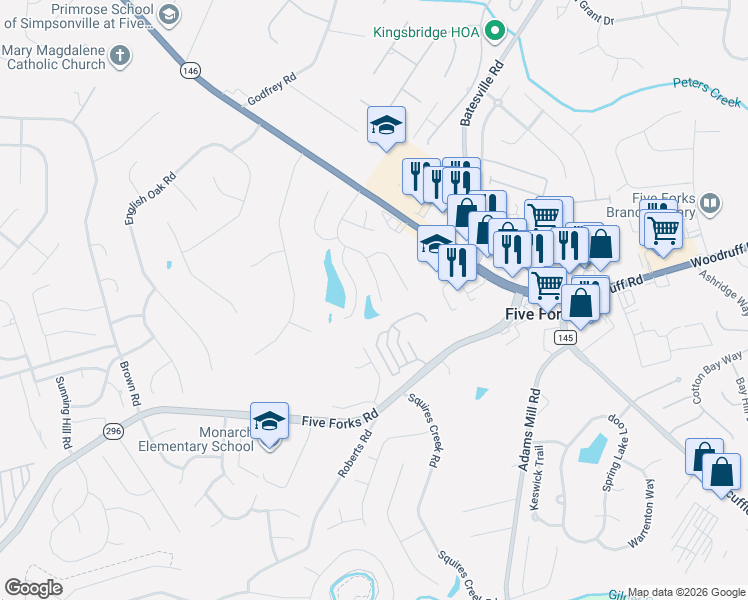 map of restaurants, bars, coffee shops, grocery stores, and more near 12 Shadowrock Court in Simpsonville