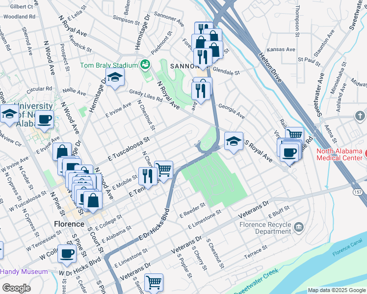 map of restaurants, bars, coffee shops, grocery stores, and more near 742 East Tombigbee Street in Florence