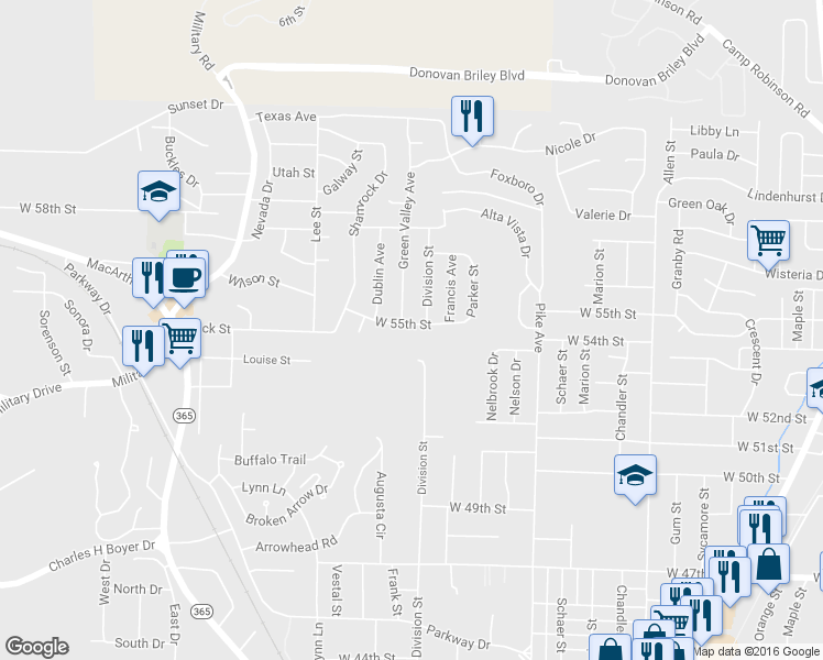 map of restaurants, bars, coffee shops, grocery stores, and more near 5501 Green Valley Avenue in North Little Rock