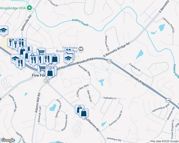 map of restaurants, bars, coffee shops, grocery stores, and more near 23 Ashridge Way in Simpsonville