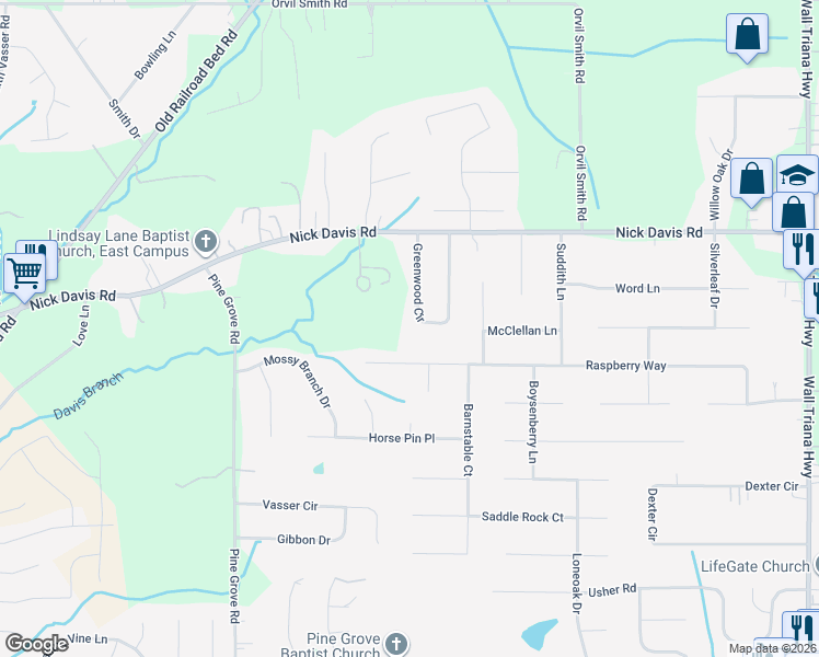 map of restaurants, bars, coffee shops, grocery stores, and more near 127 Greenwood Circle in Harvest