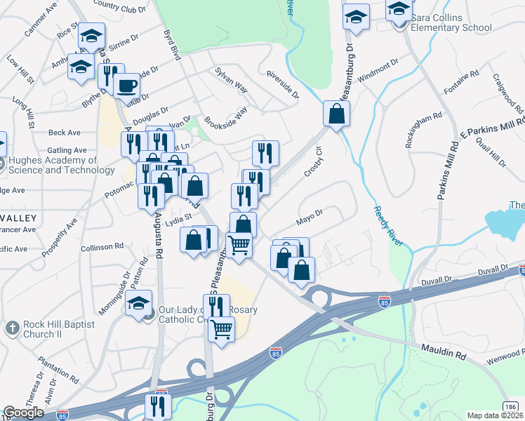 map of restaurants, bars, coffee shops, grocery stores, and more near 134 Crosby Circle in Greenville